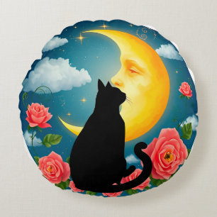 Silhouette der Katze vor dem Mond Rundes Kissen