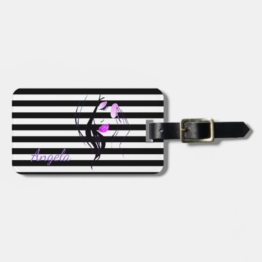 Silhouette der Mädchen, Schwarz, Weiße Streifen Pe Gepäckanhänger (Vorderseite horizontal)