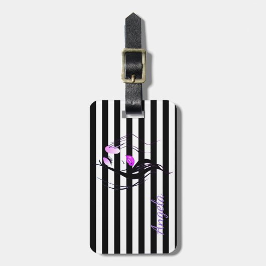 Silhouette der Mädchen, Schwarz, Weiße Streifen Pe Gepäckanhänger (Vorderseite vertikal)