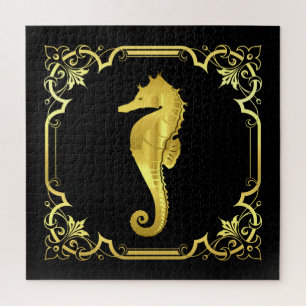 Silhouette des australischen Seepferds/Gold/Schwar Puzzle