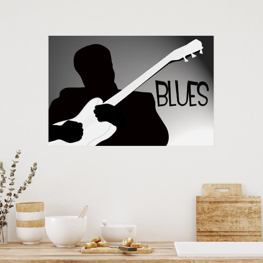 Silhouette des Blues-Spielers mit einem Scheinwerf Poster (Küche)