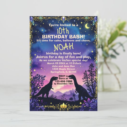 Silhouette des Dino mit Dinosaurier-Abend Einladung (Stehend Vorderseite)