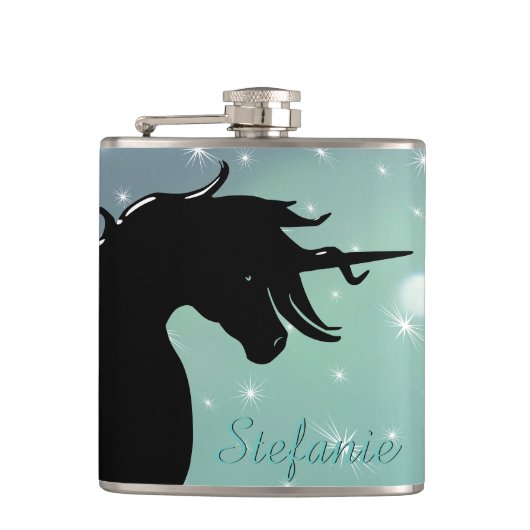 Silhouette des Einhorns (Hasengrün mit Sternen) Flachmann (Vorderseite)