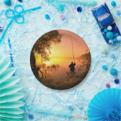 Silhouette des Fischers auf See am Sonnenuntergang Pappteller (Party)