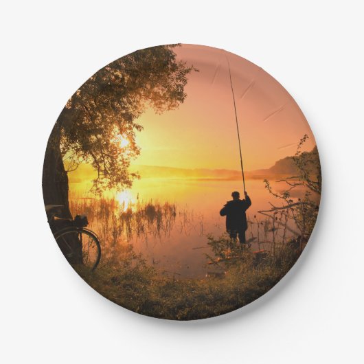 Silhouette des Fischers auf See am Sonnenuntergang Pappteller (Vorderseite)