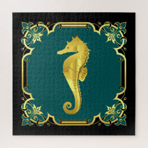 Silhouette des Seepferds/Gold/Schwarz/Aqua Puzzle