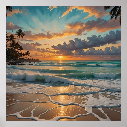 Silhouette des Sonnenuntergangs am Strand Poster (Vorne)