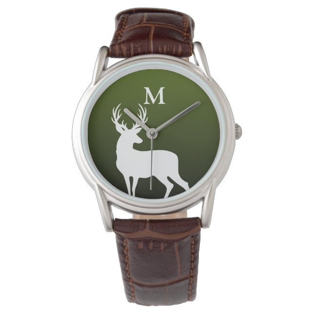 Silhouette des Weißen Hirsches Monogram Green Men  Armbanduhr (Vorderseite)