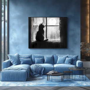 Silhouette einer Katze durch das Fenster im Mondli Poster