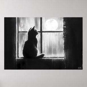 Silhouette einer Katze durch das Fenster im Mondli Poster