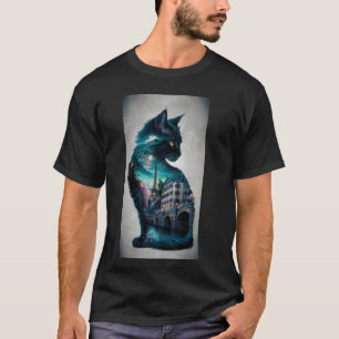 Silhouette einer Katze mit nächtlicher Stadtlandsc T-Shirt