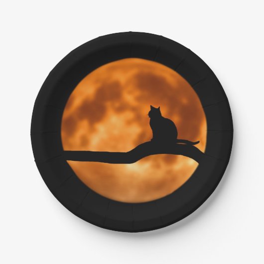 Silhouette einer schwarzen Katze in einem Baum Pappteller (Vorderseite)