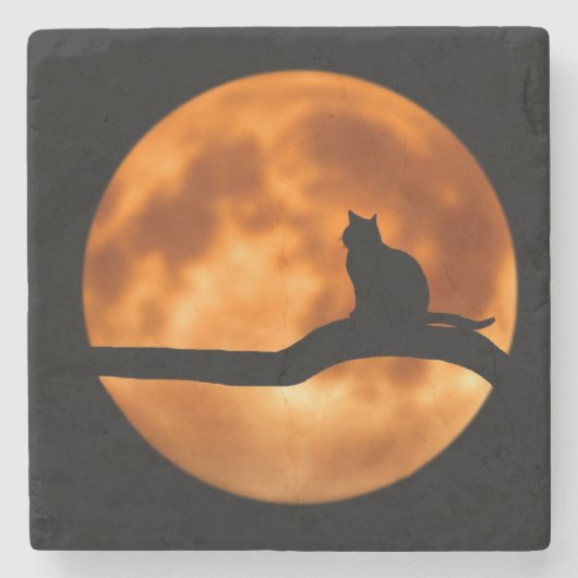 Silhouette einer schwarzen Katze in einem Baum Steinuntersetzer (Vorderseite)