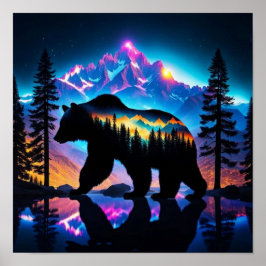 Silhouette eines Bären mit Naturlandschaft Poster