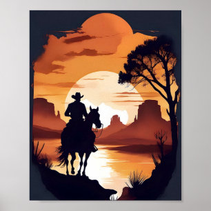 Silhouette eines Cowboy auf dem Pferd in der Wüste Poster