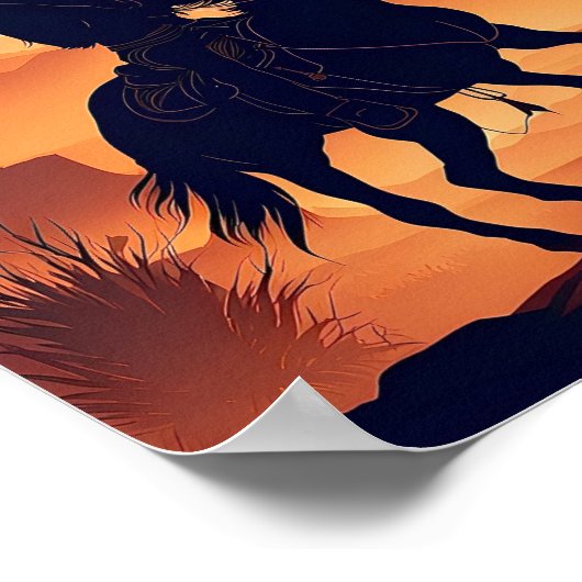 Silhouette eines Cowboy auf dem Pferd in der Wüste Poster (Ecke)