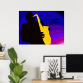 Silhouette eines Jazzspielers, blau & lila Poster (Heimbüro)