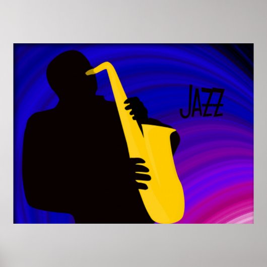 Silhouette eines Jazzspielers, blau & lila Poster (Vorne)