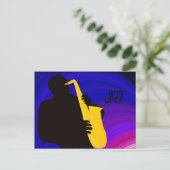 Silhouette eines Jazzspielers, blau & lila Postkarte (Stehend Vorderseite)