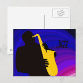 Silhouette eines Jazzspielers, blau & lila Postkarte (Vorne/Hinten)