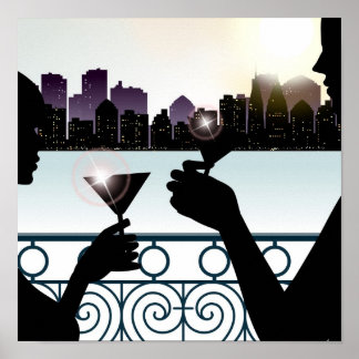 Silhouette eines paar geröstete Martini-Brille Poster