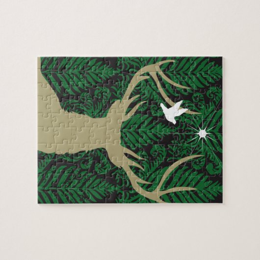 Silhouette eines Rotwilds, der Taube und des Puzzle (Horizontal)