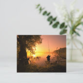 Silhouette Fisherman am See bei Sunset Postkarte (Stehend Vorderseite)