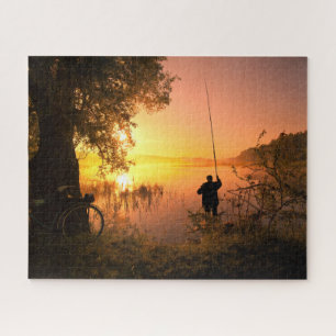 Silhouette Fisherman am See bei Sunset Puzzle