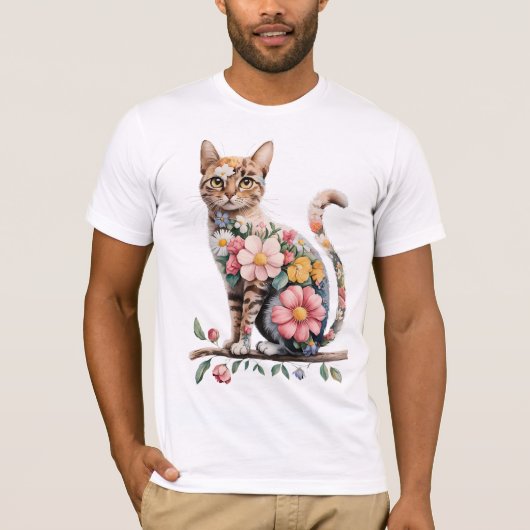 Silhouette Floral Blume Katzenliebhaber T-Shirt (Vorderseite)