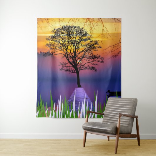 Silhouette Forest Lake mit Dschungelbaum Wandteppich (Beispiel)