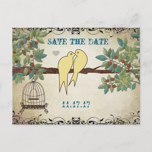 Silhouette Gelber Vogelkäfig Save the Date Ankündigungspostkarte (Vorderseite)