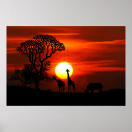 Silhouette-Giraffen und Nashörner Poster