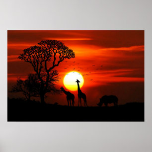 Silhouette-Giraffen und Nashörner Poster