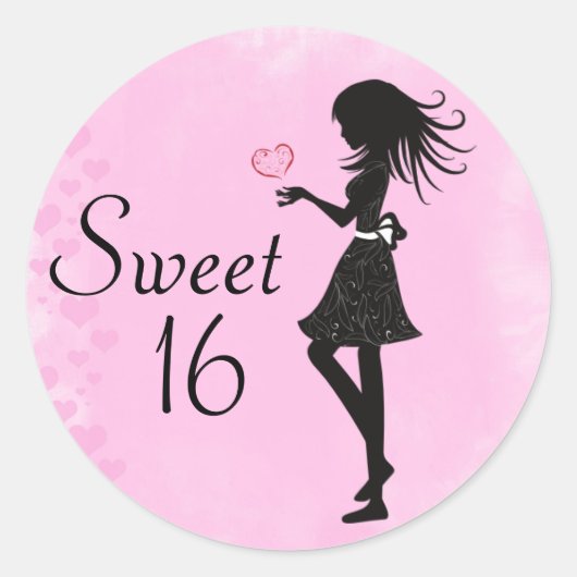 Silhouette Girl and Hearts Sweet 16 Pink - Black Runder Aufkleber (Vorderseite)