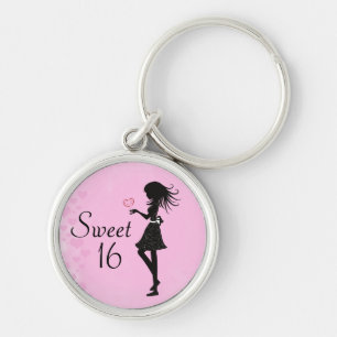 Silhouette Girl and Hearts Sweet 16 Pink und Black Schlüsselanhänger