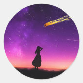 Silhouette Girl beobachtet Meteorabsturz auf der E Runder Aufkleber (Vorderseite)
