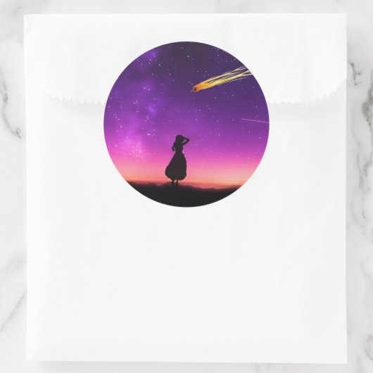 Silhouette Girl beobachtet Meteorabsturz auf der E Runder Aufkleber (Tasche)