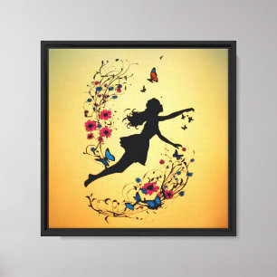 Silhouette Girl mit Schmetterlingen und Blume Leinwanddruck