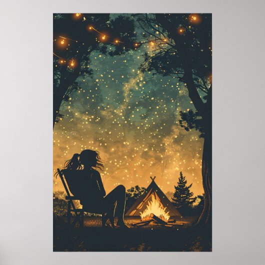 Silhouette Girl Night Camping Adventure Poster (Vorne)