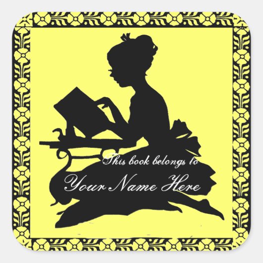 Silhouette Girl Reading - Square Lemon Gelb Quadratischer Aufkleber (Vorderseite)