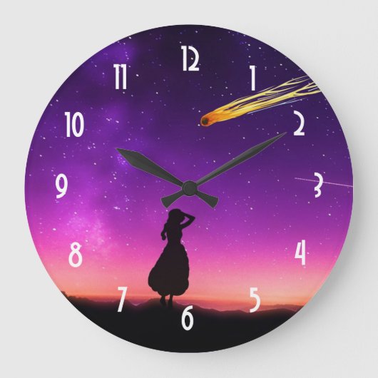 Silhouette Girl Watches Meteor Crash To Earth Große Wanduhr (Vorderseite)