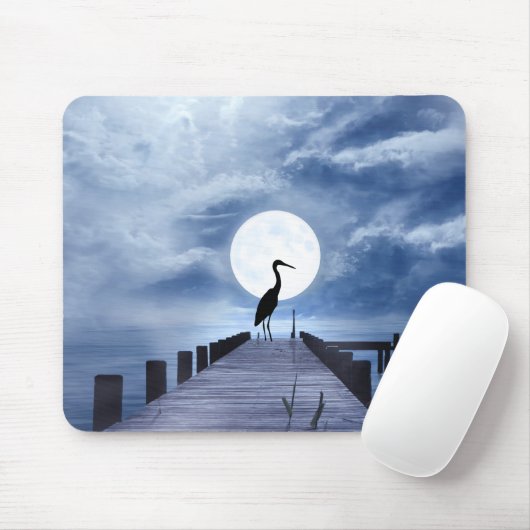 Silhouette Heron auf Pier Full Moon Beach Mousepad (Mit Mouse)