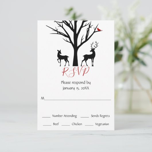 Silhouette Hirsch in Liebe Winterhochzeit RSVP Karte (Stehend Vorderseite)
