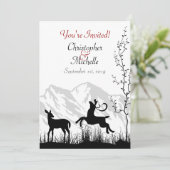 Silhouette Hirsch und Berge Schwarz, Weiße Hochzei Einladung (Stehend Vorderseite)