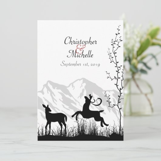 Silhouette Hirsch und Gebirge Einladung Hochzeit (Stehend Vorderseite)
