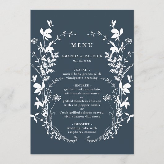 Silhouette-Hochzeit der Marine-Wildblume Menükarte (Vorderseite)