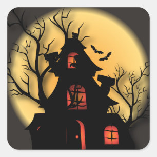 Silhouette im Spuk Haus   Halloween Quadratischer Aufkleber