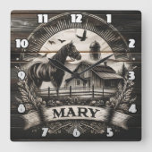 Silhouette in der Nähe von Stall mit Sonnenstrahle Quadratische Wanduhr (Vorderseite)