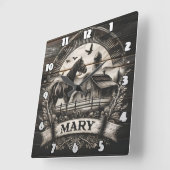 Silhouette in der Nähe von Stall mit Sonnenstrahle Quadratische Wanduhr (Winkel)