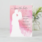 Silhouette Kissing Couple Pink White Floral Save The Date (Stehend Vorderseite)